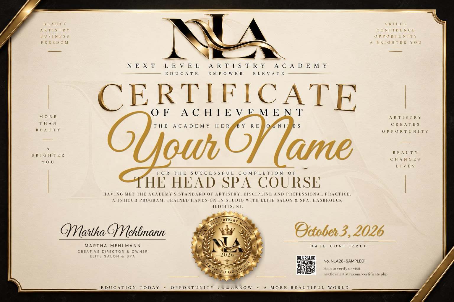 A Next Level Artistry Academy Certificate of Achievement